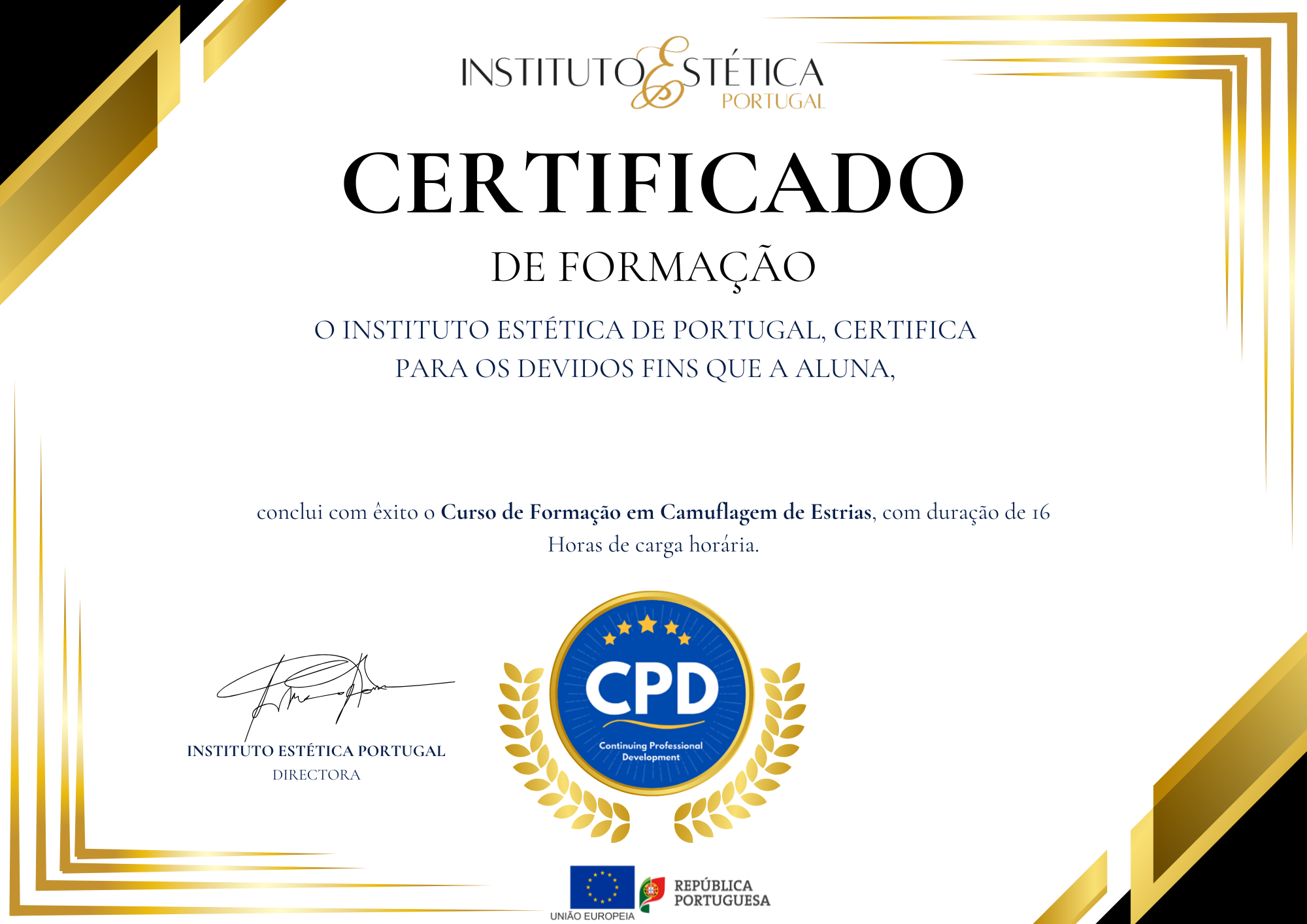 Certificado CPD — Instituto Estética Portugal — Exemplo real de certificado com selo CPD, logotipos União Europeia e República Portuguesa